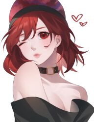 Rule 34 | 1girl, absurdres, bare shoulders, black choker, black shirt, breasts, choker, cleavage, closed mouth, commentary, heart, hecatia lapislazuli, highres, looking at viewer, medium hair, nasu1225, o-ring, o-ring choker, off-shoulder shirt, off shoulder, one eye closed, pursed lips, red eyes, red hair, shirt, simple background, solo, touhou, upper body, white background