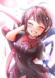 Rule 34 | 1girl, asymmetrical wings, black dress, black hair, blush, bow, bowtie, breasts, center frills, closed eyes, dress, frills, grin, houjuu nue, petals, red bow, red bowtie, short sleeves, smile, solo, tears, touhou, wings, yakkyokuya