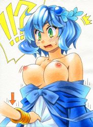 Rule 34 | !?, 10s, 1girl, ^^^, arrow (symbol), assisted exposure, bare shoulders, blue eyes, blue hair, blush, bracelet, breasts, clothes pull, dress, dress pull, female pov, green eyes, hair ornament, jewelry, kawachi koorogi, large breasts, nipples, open mouth, piruluk, pov, pov hands, pulling another&#039;s clothes, remember (wixoss), selector wixoss, short hair, solo focus, surprised, wixoss