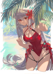Rule 34 | 1girl, adapted costume, arknights, beach, breasts, cleavage, cowboy shot, criss-cross halter, cropped legs, flower, hair between eyes, hair flower, hair ornament, halterneck, hands up, hat, highres, large breasts, long hair, looking at viewer, low-tied long hair, low ponytail, ocean, one-piece swimsuit, orca, outdoors, palm leaf, red eyes, red flower, red one-piece swimsuit, sand, skadi (arknights), skadi the corrupting heart (arknights), solo, swimsuit, tree, very long hair, water, white hat, yktori