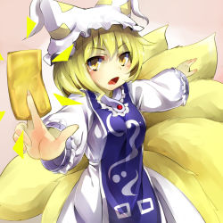 Rule 34 | 1girl, animal ears, animal hat, between fingers, blonde hair, blush, breasts, clip studio paint (medium), cowboy shot, dress, foreshortening, fox ears, fox tail, hat, holding, large breasts, looking at viewer, mob cap, multiple tails, pink background, piyodesu, short hair, simple background, solo, tabard, tail, touhou, v-shaped eyebrows, white dress, yakumo ran, yellow eyes
