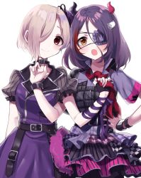 Rule 34 | 10s, 2girls, :o, arm at side, bad id, bad pixiv id, belt, black collar, black gloves, black skirt, blush, breast pocket, buttons, checkered clothes, checkered skirt, closed mouth, collar, collar grab, collar tug, demon horns, dress, eyepatch, fake horns, fang, fingerless gloves, frilled sleeves, frills, fur-trimmed skirt, fur trim, gloves, hair between eyes, hair ornament, hair over one eye, hairclip, hand on own hip, hayasaka mirei, head tilt, highres, horns, idolmaster, idolmaster cinderella girls, idolmaster cinderella girls starlight stage, layered skirt, locked arms, looking at viewer, misumi (macaroni), multicolored clothes, multicolored hair, multicolored shirt, multicolored skirt, multiple girls, necktie, necktie grab, neckwear grab, open mouth, pink skirt, plaid, plaid shirt, pocket, puffy short sleeves, puffy sleeves, purple dress, purple hair, purple ribbon, purple shirt, red eyes, red hair, red necktie, ribbon, shirasaka koume, shirt, shirt pocket, short eyebrows, short hair, short sleeves, simple background, skirt, smile, standing, striped clothes, striped skirt, tareme, two-tone hair, upper body, white background, wrist ribbon, wristband, yellow eyes, zipper