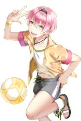 Rule 34 | 1boy, :d, ball, black shorts, earrings, green eyes, hairband, hawaiian shirt, highres, jewelry, looking at viewer, male focus, open mouth, pink hair, sage (soccer spirits), sandals, shirt, shorts, smile, soccer ball, soccer spirits, solo, standing, standing on one leg, star (symbol), star earrings, transparent background, tuuuh