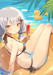 Rule 34 | 1girl, absurdres, artist name, bare shoulders, bikini, black bikini, blush, breasts, brown eyes, day, diamond hair ornament, food, from side, grey hair, hair ornament, halterneck, highres, holding, holding food, innertube, kildir, long hair, looking at viewer, looking to the side, low twintails, medium breasts, original, outdoors, page number, parted lips, partially submerged, popsicle, reclining, rubber duck, scan, side-tie bikini bottom, solo, swim ring, swimsuit, twintails, water