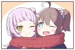 Rule 34 | 2girls, ;), ;d, ahoge, black border, blue eyes, blush stickers, border, brown eyes, brown hair, commentary request, hair between eyes, hair bun, hololive, multiple girls, murasaki shion, natsuiro matsuri, okota mikan, one eye closed, open mouth, pink hair, red scarf, scarf, shared clothes, shared scarf, side bun, side ponytail, single hair bun, single side bun, smile, virtual youtuber