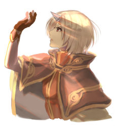 Rule 34 | 1boy, blonde hair, brown capelet, brown eyes, brown gloves, cape, capelet, commentary request, gloves, horns, looking up, male focus, misuguu, open mouth, ragnarok online, red shirt, shirt, short hair, simple background, single horn, solo, sunlight, upper body, white background, white cape, wizard (ragnarok online)