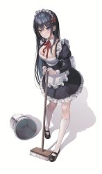 Rule 34 | 1girl, absurdres, apron, black dress, black footwear, black hair, blue eyes, bow, bowtie, breasts, broom, bucket, cleavage, closed mouth, collar, detached collar, dress, earrings, frilled apron, frilled dress, frilled hairband, frills, full body, hair bow, hair ornament, hairband, hairclip, highres, holding, holding broom, invisible floor, jewelry, juliet sleeves, long hair, long sleeves, looking at viewer, maid, maid apron, maid headdress, mary janes, medium breasts, mole, mole on breast, myowa, original, puffy sleeves, red bow, red bowtie, red ribbon, ribbon, shadow, shoes, sidelocks, simple background, socks, standing, stud earrings, tachi-e, white apron, white background, white collar, white hairband, white socks, white wrist cuffs, wing collar, wrist cuffs