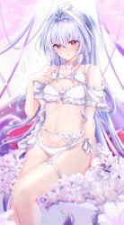 Rule 34 | 1girl, ahoge, bare shoulders, bikini, breasts, cleavage, fate/grand order, fate (series), flower, frilled bikini, frills, highres, lady avalon (fate), lady avalon (second ascension) (fate), licking lips, long hair, looking at viewer, medium breasts, merlin (fate/prototype), navel, purple eyes, sitting, smile, solo, swimsuit, thighs, tongue, tongue out, very long hair, white bikini, white hair, yuki haru