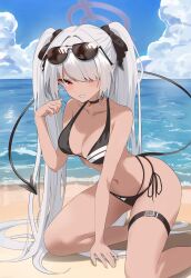 Rule 34 | 1girl, absurdres, beach, bikini, black bikini, black bow, black choker, blue archive, blue sky, bow, breasts, choker, clenched teeth, cloud, day, demon tail, eyewear on head, grey hair, hair bow, halo, hand up, highres, iori (blue archive), iori (swimsuit) (blue archive), kneeling, long hair, looking at viewer, medium breasts, multi-strapped bikini bottom, navel, ocean, outdoors, pointy ears, red eyes, sky, solo, stagnuma, stomach, sunglasses, swimsuit, tail, teeth, thigh strap, thighs, twintails, very long hair
