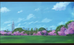 Rule 34 | absurdres, blue sky, building, cherry blossoms, cloud, day, field, forest, highres, letterboxed, nature, no humans, original, outdoors, sawitou mizuki, scenery, sky, skyscraper, spring (season), traditional media