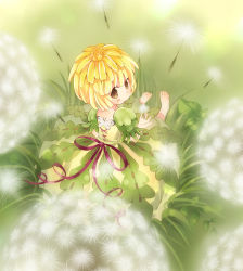 Rule 34 | 1girl, barefoot, blonde hair, brown eyes, bug, butterfly, dress, from above, insect, kuga tsukasa, looking back, mini person, minigirl, original, short hair, sitting, smile, solo