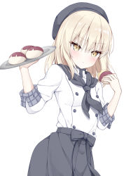 Rule 34 | 1girl, alternate costume, apron, artoria pendragon (all), artoria pendragon (fate), black apron, black hat, blonde hair, blush, breasts, commentary request, cowboy shot, dot nose, fate (series), food, hair between eyes, hat, highres, holding, holding food, holding plate, kamu (geeenius), long hair, looking at viewer, plate, saber alter, shirt, simple background, small breasts, solo, white background, white shirt, yellow eyes