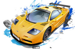 car highres mclaren mclaren_f1 motor_vehicle nimbus_goldbrum no_humans original simple_background spoiler_(automobile) sports_car vehicle_focus white_background yellow_car