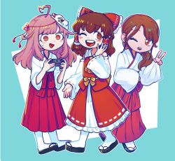 Rule 34 | 3girls, @ @, ahoge, black footwear, blouse, blush, bow, brown eyes, brown hair, commentary request, controller, cookie (touhou), detached sleeves, frilled bow, frilled hair tubes, frills, full body, geta, hair bow, hair over shoulder, hair tubes, hakama, hakama skirt, hakurei reimu, heart, heart ahoge, highres, hita (hizokuseikogeki), holding, holding controller, indie virtual youtuber, japanese clothes, kanna (cookie), long hair, looking at viewer, mask, mask on head, medium hair, miko, multiple girls, multiple persona, one eye closed, open mouth, petticoat, ponytail, red bow, red shirt, red skirt, ribbon-trimmed sleeves, ribbon trim, round teeth, sandals, shirt, skirt, sleeveless, sleeveless shirt, smile, socks, tabi, teeth, touhou, v, virtual youtuber, white shirt, white sleeves