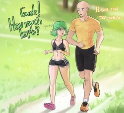 Rule 34 | 1boy, 1girl, absurdres, artist request, bald, bare legs, bare shoulders, bike shorts, black shorts, black sports bra, breasts, cleavage, competition, curly hair, day, english text, full body, grass, green eyes, green hair, groin, gym uniform, highres, jogging, lips, looking at another, looking back, medium hair, midriff, muscular, muscular male, navel, one-punch man, open mouth, outdoors, pectorals, running, saitama (one-punch man), shiny skin, shoes, shorts, size difference, sky, small breasts, sneakers, sports bra, sportswear, sunset, sweat, sweatdrop, tatsumaki, thighs, wide hips