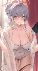 Rule 34 | 1girl, blue archive, blush, breasts, casual one-piece swimsuit, cleavage, collarbone, covered navel, demon tail, demon wings, grey hair, hair bun, halo, halterneck, haruna (blue archive), haruna (swimsuit) (blue archive), highres, hinaumma, large breasts, leaning forward, looking at viewer, one-piece swimsuit, red eyes, see-through, see-through shawl, shawl, single side bun, single wing, smile, solo, sweatdrop, swimsuit, tail, white one-piece swimsuit, wings