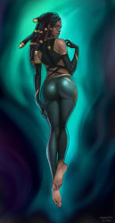 Rule 34 | 1girl, ass, atomx, aura, bare shoulders, black gloves, black hair, breasts, brown lips, dark-skinned female, dark skin, elbow gloves, floating, from behind, gloves, green eyes, green pants, hair tubes, dreadlocks, kneepits, league of legends, legs together, lips, looking back, medium breasts, nose, pants, pinup (style), senna (league of legends), soles, solo, tight clothes, tight pants, turning head, very dark skin