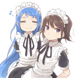 Rule 34 | ..., 10s, 2girls, = =, alternate costume, apron, bad id, bad pixiv id, kantai collection, long hair, maid, maid apron, maid headdress, miyuki (kancolle), multiple girls, musical note, personification, quaver, samidare (kancolle), short hair, simple background, smile, totoki86, very long hair, white background