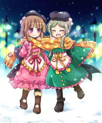 Rule 34 | 2girls, ^ ^, boots, brown hair, closed eyes, dress, closed eyes, gloves, green hair, hat, long hair, multiple girls, nishida satono, open mouth, pom pom (clothes), pote (ptkan), purple eyes, scarf, shared clothes, shared scarf, short hair with long locks, smile, snow, snowing, tate eboshi, teireida mai, touhou, unmoving pattern, winter