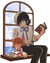 Rule 34 | 1boy, 1girl, :3, belt, black hair, black jack (character), black jack (series), black pants, blue ribbon, book, bow, brown belt, brown eyes, brown hair, child, dress, hair bow, hair over one eye, highres, holding, holding book, long sleeves, looking at another, looking at viewer, multicolored hair, multiple hair bows, oldkin, pants, pink dress, pinoko, ribbon, shirt, short hair, sitting, sleeping, sleeping upright, split-color hair, stitched arm, stitched face, stitches, white footwear, white hair, white shirt, window, windowsill