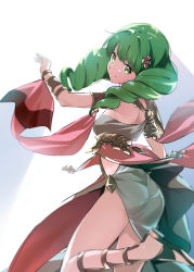 Rule 34 | 1girl, armlet, ass, bare shoulders, breasts, closed mouth, dancer, dancer (fire emblem: three houses), dancing, dress, drill hair, female focus, fire emblem, fire emblem: three houses, flayn (fire emblem), from side, gladiator sandals, green eyes, green hair, grey dress, hair ornament, leg up, long hair, looking at viewer, looking to the side, matching hair/eyes, misu kasumi, nintendo, revealing clothes, sandals, simple background, small breasts, smile, solo, twin drills, white background