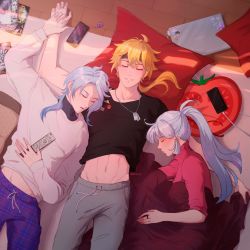Rule 34 | 1girl, 2boys, absurdres, arm up, ayaka (genshin impact), black shirt, blanket, blonde hair, blue hair, brother and sister, cellphone, closed eyes, clothes lift, contemporary, controller, evarlove, genshin impact, grey pants, hair between eyes, hair ribbon, headband, highres, japanese clothes, jewelry, kamisato ayato, long hair, long sleeves, looking at viewer, midriff, mole, mole under mouth, multiple boys, navel, necklace, notebook, open clothes, open mouth, open shirt, pants, phone, pillow, ponytail, primogem, purple pants, remote control, ribbon, shirt, shirt lift, siblings, side ponytail, smartphone, stomach, thoma (genshin impact), white shirt, zhongli (genshin impact)