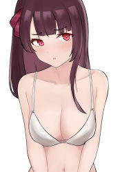 Rule 34 | 1girl, :o, absurdres, bare shoulders, bikini, bikini top only, bingzhi juzi, blush, bra, breasts, chinese commentary, cleavage, collarbone, girls&#039; frontline, hair ribbon, highres, long hair, looking at viewer, medium breasts, navel, open mouth, purple hair, red eyes, red ribbon, ribbon, simple background, solo, swimsuit, underwear, upper body, wa2000 (girls&#039; frontline), white background, white bikini, white bra