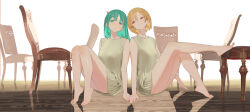 Rule 34 | 2girls, aqua hair, bare legs, barefoot, blonde hair, blush, breasts, chair, closed mouth, commentary, dress, english commentary, eyelashes, feet, foot up, full body, green hair, highres, holding hands, horns, knees together feet apart, knees up, legs, long hair, looking at another, looking at viewer, medium breasts, medium hair, multiple girls, nahia (some1else45), on ground, original, sekoshi (some1else45), shadow, short dress, short eyebrows, sitting, small breasts, smile, some1else45, thick eyebrows, thighs, toenails, toes, wooden floor