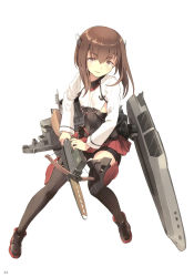 Rule 34 | 1girl, anchor, armored boots, bike shorts, blush, boots, bow (weapon), brown eyes, brown hair, closed mouth, crossbow, flat chest, hair between eyes, headband, headgear, highres, kantai collection, long sleeves, looking at viewer, machinery, pleated skirt, scan, short hair, simple background, skirt, solo, taihou (kancolle), thighhighs, u jie, weapon, white background