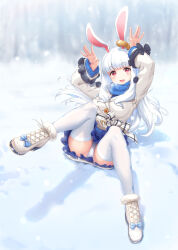 Rule 34 | 1girl, absurdres, animal ears, blush, boots, bow, breath, coat, cross-laced footwear, footwear bow, fur-trimmed boots, fur trim, hands up, highres, kamome yuu, long hair, long sleeves, looking at viewer, m legs, open mouth, original, outdoors, panties, pink hair, rabbit ears, rabbit girl, rabbit pose, scarf, skirt, smile, snow, snowing, solo, thighhighs, underwear, very long hair, white hair, winter