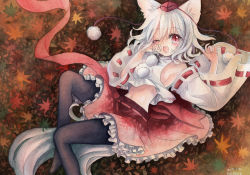 Rule 34 | 1girl, animal ears, black pantyhose, breasts, dated, detached sleeves, hat, inubashiri momiji, looking at viewer, mosho, navel, one eye closed, open mouth, painting (medium), pantyhose, red eyes, short hair, sideboob, signature, skirt, small breasts, solo, tail, tears, tokin hat, touhou, traditional media, watercolor (medium), white hair, wolf ears, wolf tail, yawning