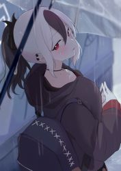 Rule 34 | 1girl, absurdres, akito (d30n26), backpack, bag, black hair, black hoodie, blue archive, blush, choker, collarbone, earclip, fingers together, from behind, hair between eyes, halo, highres, hood, hoodie, horns, kayoko (blue archive), long hair, long sleeves, looking at viewer, looking back, mole, multicolored hair, open mouth, outdoors, own hands together, ponytail, rain, red eyes, solo, transparent, transparent umbrella, two-tone hair, umbrella, white hair, zipper, zipper pull tab