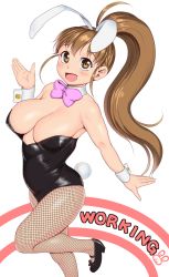 Rule 34 | 1girl, animal ears, bare shoulders, black leotard, blush, bow, bowtie, breasts, brown hair, cleavage, collarbone, detached collar, fake animal ears, fishnets, highres, large breasts, leotard, long hair, looking at viewer, mary janes, open mouth, orizen, pantyhose, playboy bunny, ponytail, rabbit ears, rabbit tail, shoes, smile, taneshima popura, white background, working!!, wrist cuffs, yellow eyes