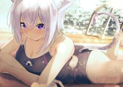 Rule 34 | 1girl, absurdres, adapted costume, animal ear fluff, animal ears, ass, bare legs, barefoot, blush, breasts, cat ears, cat tail, cleavage, closed mouth, commentary, crossed arms, hair between eyes, highres, hololive, lens flare, light purple hair, looking at viewer, lying, medium breasts, misaki nonaka, nail polish, nekomata okayu, on stomach, one-piece swimsuit, onigiri print, purple eyes, purple nails, short hair, smile, solo, swimsuit, tail, thighs, toenail polish, toenails, virtual youtuber, water, wet