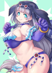 Rule 34 | 1girl, bare shoulders, bikini, blue bikini, blue eyes, bracelet, breasts, choker, elbow gloves, fins, gloves, green background, grey hair, hair ornament, head fins, highres, jewelry, kemono friends, kosai takayuki, large breasts, long hair, looking at viewer, plump, sideboob, simple background, solo, star (symbol), steller&#039;s sea cow (kemono friends), swimsuit, thick thighs, thighs