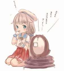 Rule 34 | 1girl, blue sailor collar, bokukawauso, commentary request, cushion, gloves, green eyes, grey hair, hat, kantai collection, long hair, low twintails, mikura (kancolle), otter, pleated skirt, puffy short sleeves, puffy sleeves, red skirt, sailor collar, sailor hat, sailor shirt, seiza, shirt, short sleeves, simple background, sitting, skirt, twintails, white background, white gloves, white headwear, white shirt, wss (nicoseiga19993411), zabuton