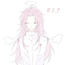 Rule 34 | 1boy, absurdres, amaretto, chinese commentary, closed eyes, closed mouth, commentary request, detached wings, facing viewer, halo, hatsutori hajime, highres, long hair, long sleeves, male focus, pale skin, parted bangs, pink hair, rest in peace (phrase), saibou shinkyoku, shirt, smile, solo, upper body, white shirt, wings