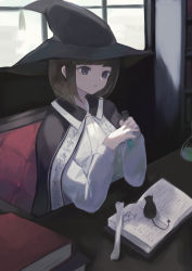 Rule 34 | 1girl, absurdres, black cape, black hair, black hat, book, book stack, cape, chair, collared shirt, commentary request, commission, dress shirt, hands up, hat, highres, holding, indoors, long sleeves, looking away, ogami ren, on chair, open book, original, parted lips, pixiv commission, purple eyes, shirt, sitting, solo, table, test tube, thick eyebrows, white shirt, window, witch, witch hat