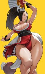 Rule 34 | 1girl, absurdres, arm up, armpits, black hair, breasts, brown eyes, cleavage, commentary request, fatal fury, hand fan, highres, holding, holding fan, large breasts, legs, legs together, long hair, looking away, no bra, pelvic curtain, ponytail, shiranui mai, simple background, sleeveless, snk, solo, the king of fighters, thighs, yellow background, yoshio (55level)
