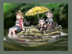 Rule 34 | 3girls, absurdres, american beaver (kemono friends), amphibious ground vehicle, animal ears, antenna hair, axe, beach umbrella, beaver ears, beaver tail, belt, bike shorts, bike shorts under shorts, black eyes, black hair, border, bra, brown eyes, brown hair, capybara (kemono friends), car, closed eyes, commentary request, day, driving, elbow gloves, eurasian beaver (kemono friends), extra ears, flag, fur collar, gloves, grey hair, hair ornament, hairclip, hand saw, highres, kemono friends, looking at another, medium hair, motor vehicle, multicolored hair, multiple girls, necktie, object on head, on vehicle, open clothes, open mouth, open shirt, open vest, outdoors, plaid, plaid shirt, river, rubber duck, saw, shirt, short sleeves, shorts, sidelocks, sitting, smile, sports bra, steering wheel, tail, toriny, torn clothes, torn sleeves, umbrella, underwear, vest, volkswagen, volkswagen type 166 schwimmwagen, water