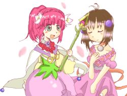 Rule 34 | 2girls, ahoge, aqua eyes, blush, braid, brown hair, cape, choker, dress, closed eyes, hair ornament, long hair, multiple girls, open mouth, pink hair, ponytail, reala (tales), rubia natwick, short hair, staff, tales of (series), tales of destiny 2, tales of the tempest, weapon
