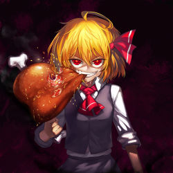 Rule 34 | 1girl, ahoge, ascot, biting, blonde hair, bobomaster, bone, boned meat, eating, fangs, food, food in mouth, grin, hair ribbon, looking at viewer, meat, open collar, red eyes, ribbon, rumia, short hair, skirt, slit pupils, smile, solo, touhou, vest