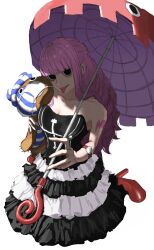 Rule 34 | 1girl, arm tattoo, armald0, black dress, black eyes, blunt bangs, commentary, dress, english commentary, frilled dress, frills, half updo, high heels, highres, holding, holding stuffed toy, holding umbrella, kumacy, long hair, looking at viewer, looking up, mask, mouth mask, one piece, perona, pink hair, sidelocks, strapless, strapless dress, stuffed toy, tattoo, tongue, tongue out, two-tone dress, umbrella, watch, white dress, wristwatch