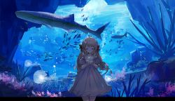Rule 34 | 1girl, ahoge, animal, axleaki, bare shoulders, blonde hair, blush, bow, closed eyes, commentary, cowboy shot, dress, facing viewer, fish, glowing, hair bow, hands up, highres, jellyfish, long hair, ocean, open mouth, original, outside border, plant, pleated dress, rock, scenery, solo, standing, swept bangs, underwater, white dress