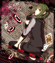 Rule 34 | 1girl, black gloves, black thighhighs, card, cardigan, club (shape), diamond (shape), english text, facial mark, from side, garter straps, gloves, green eyes, green hair, gumi, hair ornament, half gloves, heart, highres, hiiro, holding, king (playing card), kneeling, light smile, looking at viewer, looking back, newspaper, pinstripe pattern, playing card, poker chip, poker face (vocaloid), shorts, sidelocks, skull and crossbones, smile, solo, song name, spikes, striped, text background, text focus, thighhighs, vest, vocaloid