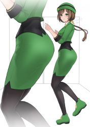 Rule 34 | 1girl, absurdres, ass, black pantyhose, blush, breasts, brown hair, commentary request, green eyes, green footwear, green hat, green jacket, green skirt, hanazawa ma, hat, hayakawa tazuna, highres, jacket, looking at viewer, medium breasts, pantyhose, pencil skirt, shoes, short hair with long locks, skirt, smile, solo, umamusume, white background, zoom layer