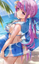 Rule 34 | 1girl, aqua bow, arm up, bare arms, beach, bikini, blue hair, blue nails, blue ribbon, blue sailor collar, blush, bow, braid, breasts, closed mouth, colored inner hair, commentary, cowboy shot, day, from behind, hair ribbon, highres, holding, holding swim ring, hololive, innertube, large breasts, leaf, long hair, looking at viewer, looking back, minato aqua, multicolored hair, nail polish, outdoors, pink eyes, pink hair, ribbon, sailor bikini, sailor collar, solo, soraneko hino, standing, striped bikini, striped clothes, swim ring, swimsuit, two-tone hair, very long hair, virtual youtuber, wet