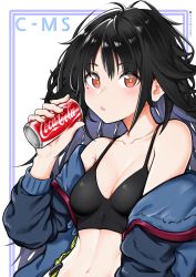 Rule 34 | 1girl, :o, absurdres, arm up, bare shoulders, black hair, blush, bomber jacket, breasts, c-ms (girls&#039; frontline), can, character name, cleavage, coca-cola, collarbone, drink can, girls&#039; frontline, hair between eyes, highres, holding, holding can, jacket, kyamagwi, long hair, long sleeves, looking at viewer, messy hair, mole, mole under eye, navel, off shoulder, open clothes, red eyes, simple background, small breasts, soda can, solo, stomach, upper body, vest, white background