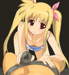 Rule 34 | 00s, 1girl, a1 (initial-g), blonde hair, breasts, bulge, downblouse, erection, erection under clothes, fate testarossa, flat chest, hair ribbon, handjob, leaning forward, long hair, lyrical nanoha, mahou shoujo lyrical nanoha, nipple slip, nipples, no bra, penis, pov, precum, red eyes, ribbon, simple background, small breasts, solo focus, stain, twintails