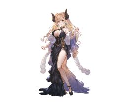 Rule 34 | 1girl, alba (granblue fantasy), bare shoulders, black dress, blonde hair, breasts, bug, butterfly, butterfly earrings, corset, draph, dress, earrings, gem, gold trim, granblue fantasy, high heels, horns, insect, jewelry, large breasts, long hair, minaba hideo, necklace, official art, orange eyes, pale skin, pointy ears, ring, simple background, thighs, very long hair, wristband